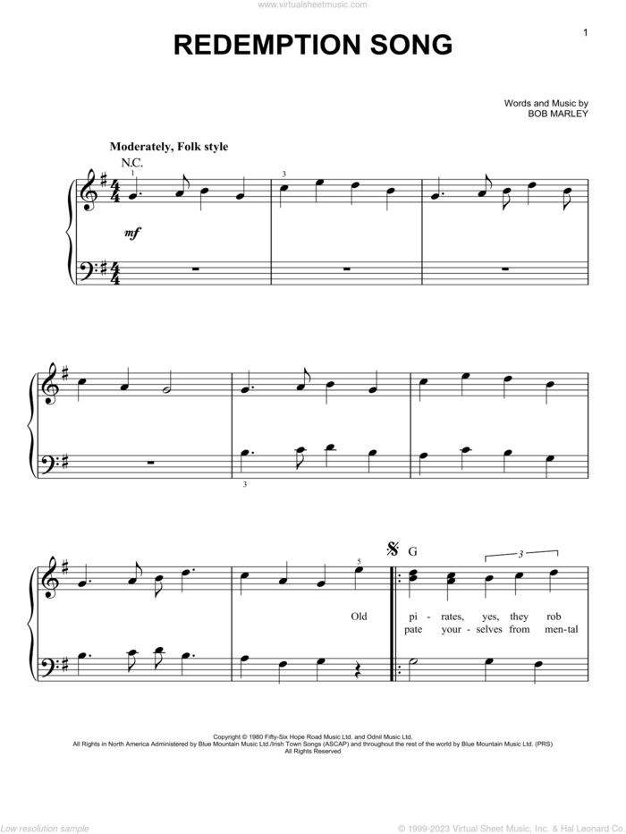 Redemption Song, (beginner) sheet music for piano solo by Bob Marley, beginner skill level