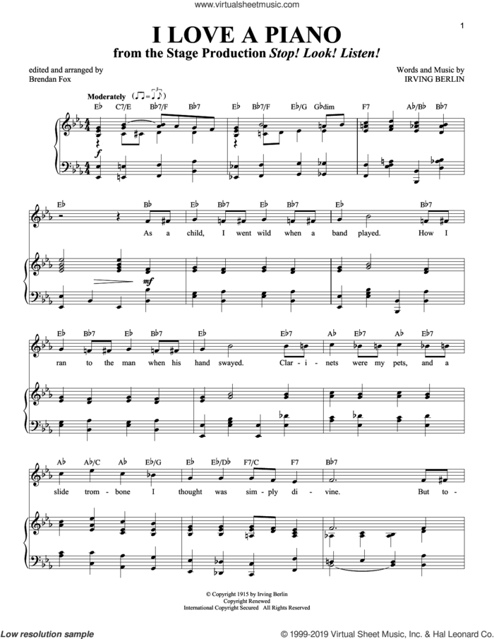 I Love A Piano sheet music for voice and piano (Tenor) by Irving Berlin and Richard Walters, intermediate skill level
