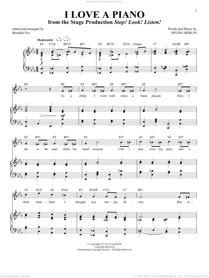 I Love A Piano sheet music for voice and piano (Tenor) by Irving Berlin and Richard Walters, intermediate skill level