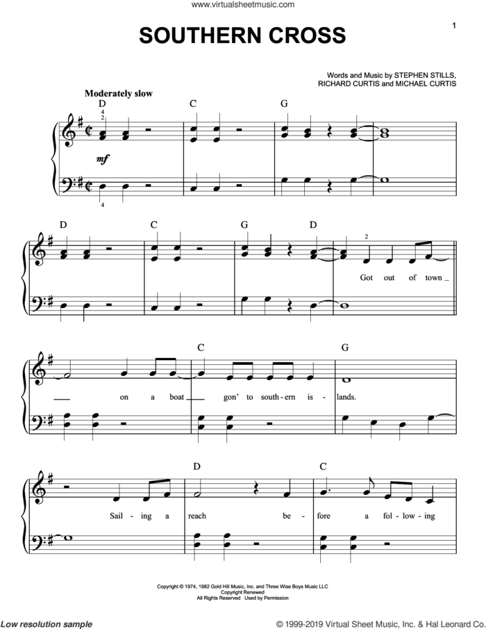 Southern Cross sheet music for piano solo by Crosby, Stills & Nash, Michael Curtis, Richard Curtis and Stephen Stills, beginner skill level