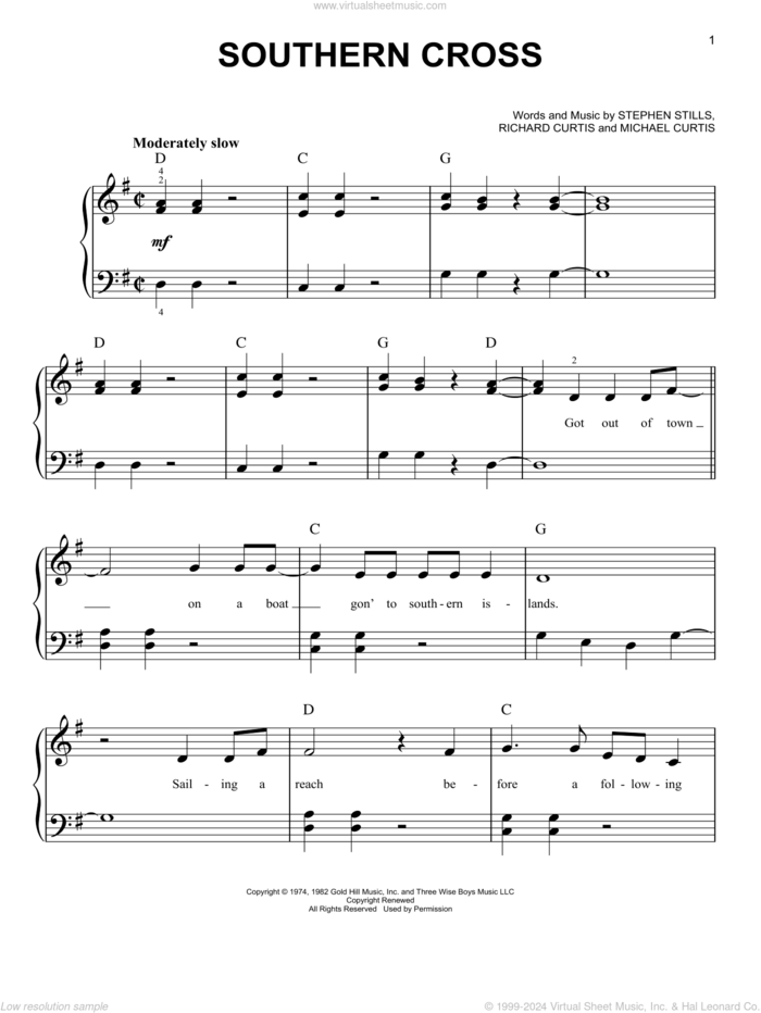 Southern Cross sheet music for piano solo by Crosby, Stills & Nash, Michael Curtis, Richard Curtis and Stephen Stills, beginner skill level