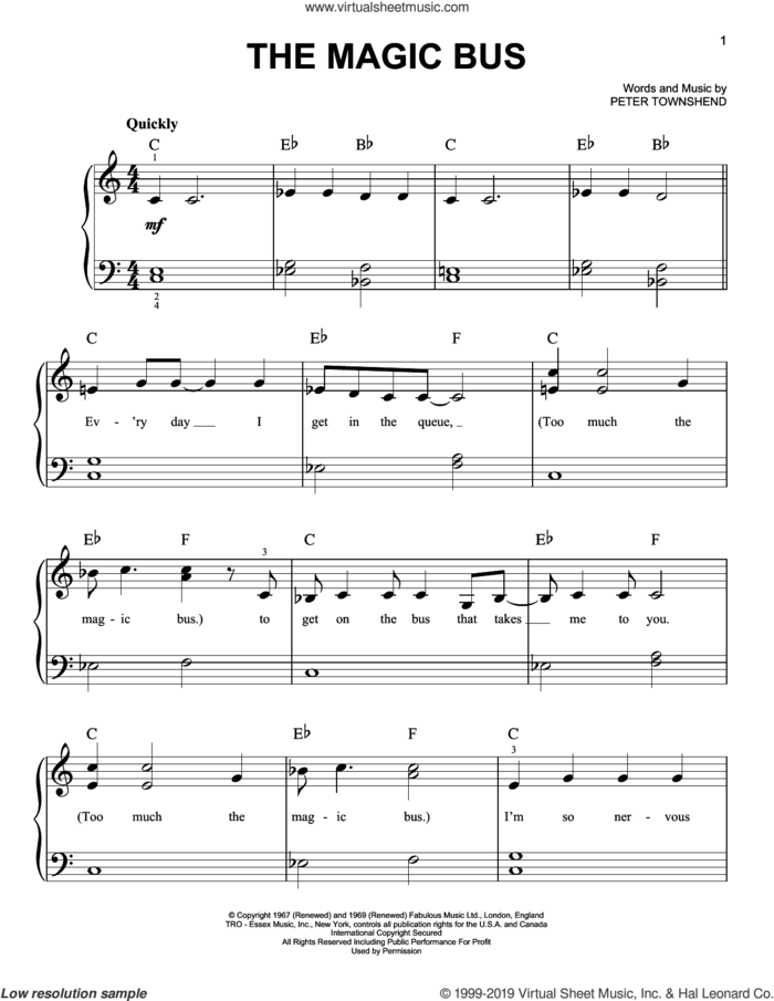 The Magic Bus sheet music for piano solo by The Who and Pete Townshend, beginner skill level