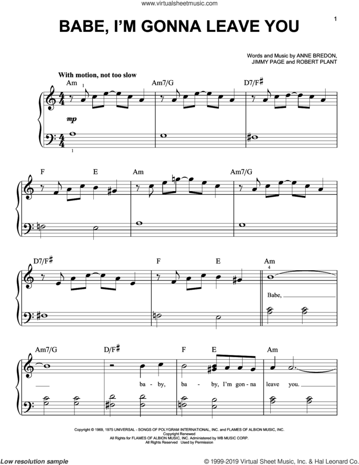 Babe, I'm Gonna Leave You sheet music for piano solo by Led Zeppelin, Anne Bredon, Jimmy Page and Robert Plant, beginner skill level