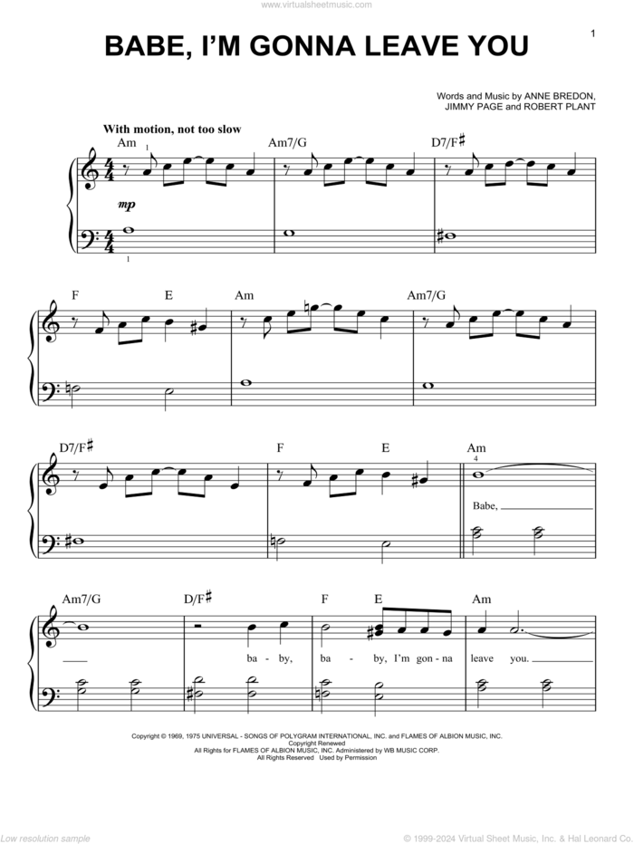 Babe, I'm Gonna Leave You sheet music for piano solo by Led Zeppelin, Anne Bredon, Jimmy Page and Robert Plant, beginner skill level