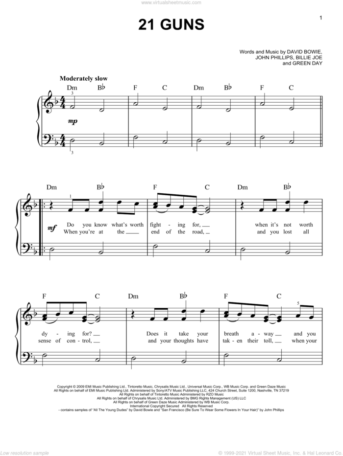 21 Guns sheet music for piano solo by Green Day, Billie Joe, David Bowie and John Phillips, beginner skill level