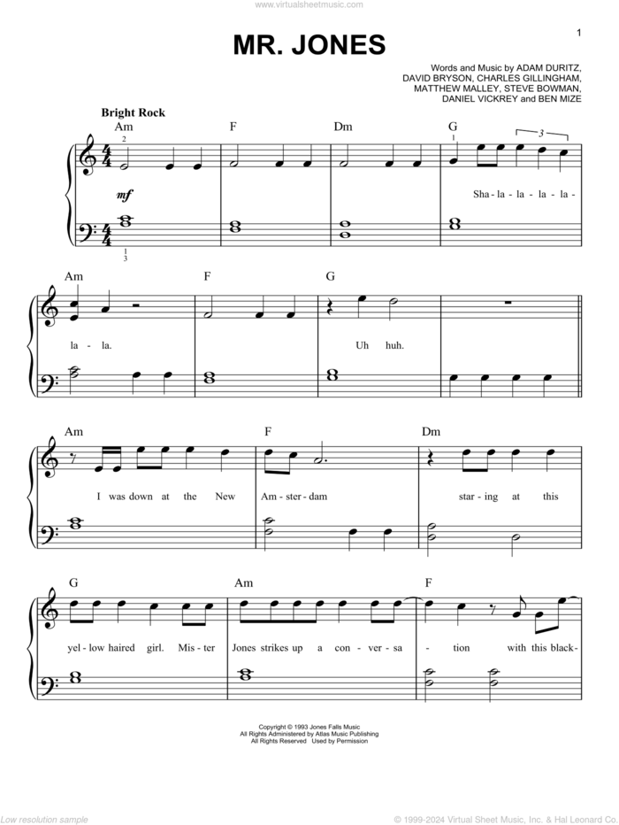 Mr. Jones, (beginner) sheet music for piano solo by Counting Crows, Adam Duritz, Ben Mize, Charles Gillingham, Dan Vickrey, David Bryson, Matthew Malley and Steve Bowman, beginner skill level