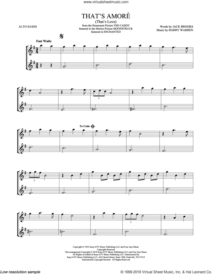 That's Amore (That's Love) (arr. Mark Phillips) sheet music for two alto saxophones (duets) by Dean Martin, Mark Phillips, Harry Warren and Jack Brooks, intermediate skill level