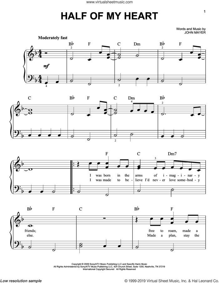 Half Of My Heart (feat. Taylor Swift) sheet music for piano solo by John Mayer, beginner skill level