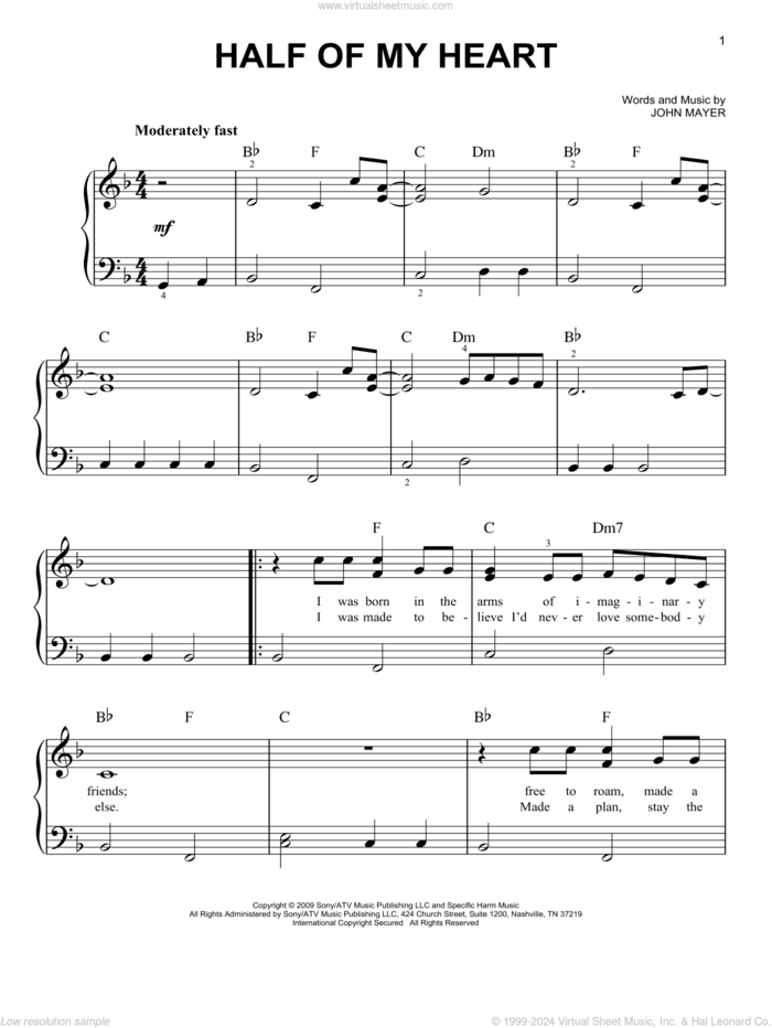 Half Of My Heart (feat. Taylor Swift) sheet music for piano solo by John Mayer, beginner skill level