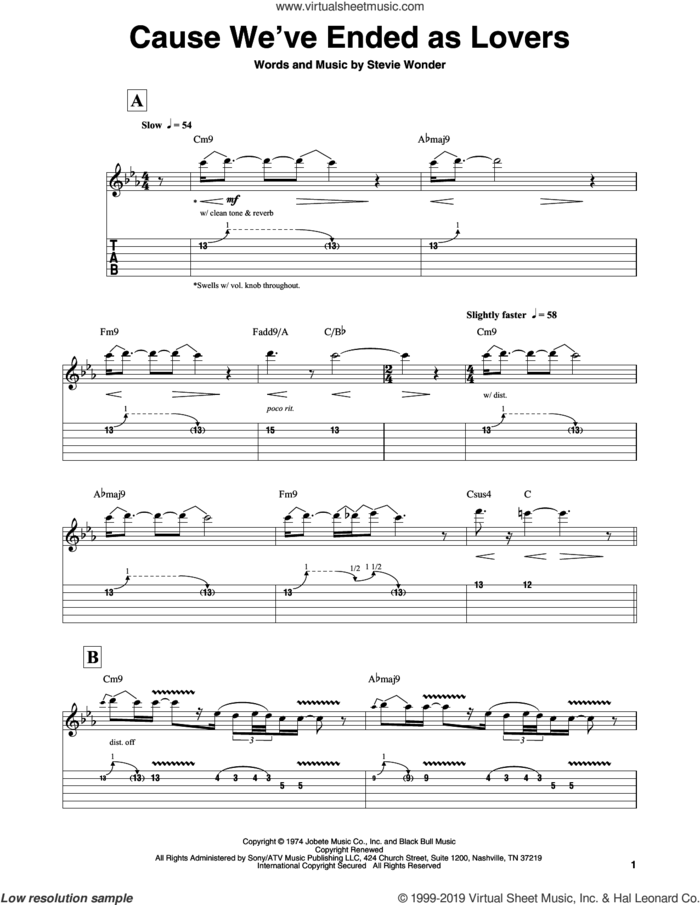 Cause We've Ended As Lovers sheet music for guitar (tablature, play-along) by Stevie Wonder, Chieli Minucci and Jeff Beck, intermediate skill level