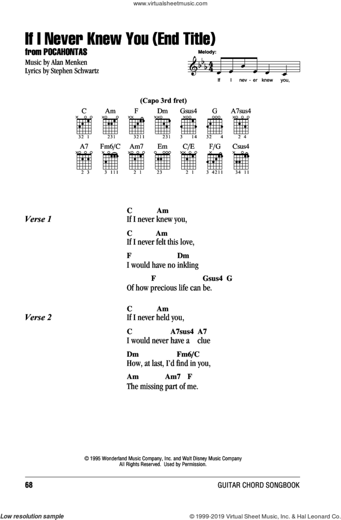 If I Never Knew You (End Title) (from Pocahontas) sheet music for guitar (chords) by Jon Secada and Shanice, Alan Menken and Stephen Schwartz, intermediate skill level