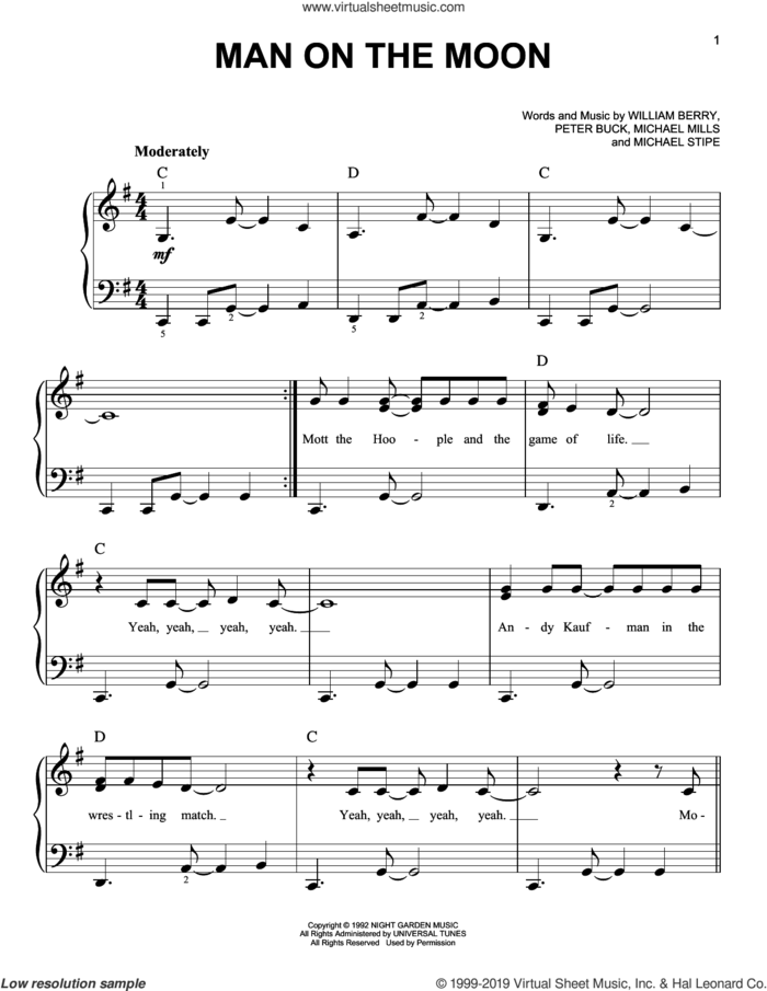 Man On The Moon sheet music for piano solo by R.E.M., Michael Stipe, Mike Mills, Peter Buck and William Berry, beginner skill level