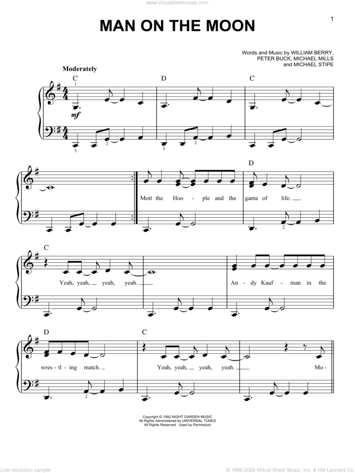 Man On The Moon sheet music for piano solo by R.E.M., Michael Stipe, Mike Mills, Peter Buck and William Berry, beginner skill level