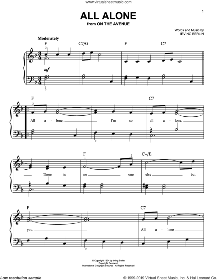 All Alone sheet music for piano solo by Irving Berlin, easy skill level