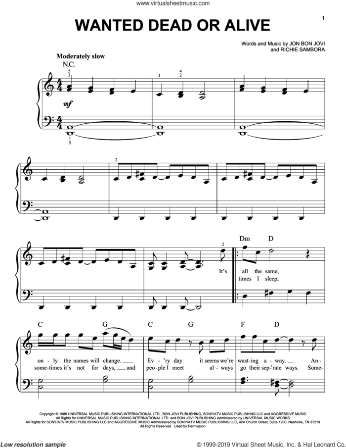 Wanted Dead Or Alive, (beginner) sheet music for piano solo by Bon Jovi, Chris Daughtry and Richie Sambora, beginner skill level