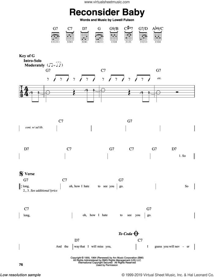 Reconsider Baby sheet music for guitar solo (lead sheet) by Lowell Fulson, intermediate guitar (lead sheet)
