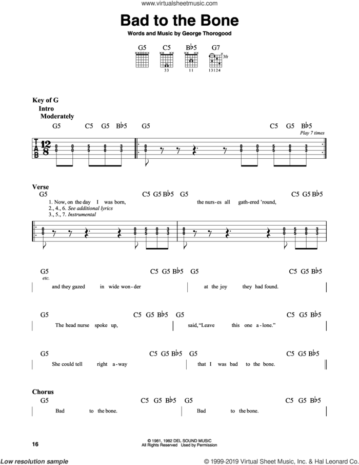 Bad To The Bone sheet music for guitar solo (lead sheet) by George Thorogood, intermediate guitar (lead sheet)