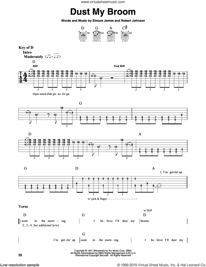 Dust My Broom sheet music for guitar solo (lead sheet) by Robert Johnson and Elmore James, intermediate guitar (lead sheet)