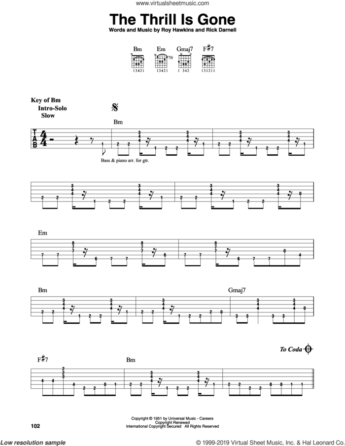 The Thrill Is Gone sheet music for guitar solo (lead sheet) by B.B. King, Rick Darnell and Roy Hawkins, intermediate guitar (lead sheet)