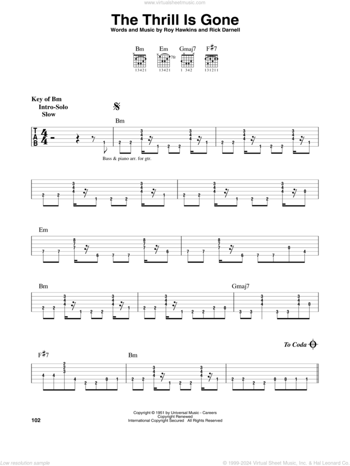 The Thrill Is Gone sheet music for guitar solo (lead sheet) by B.B. King, Rick Darnell and Roy Hawkins, intermediate guitar (lead sheet)