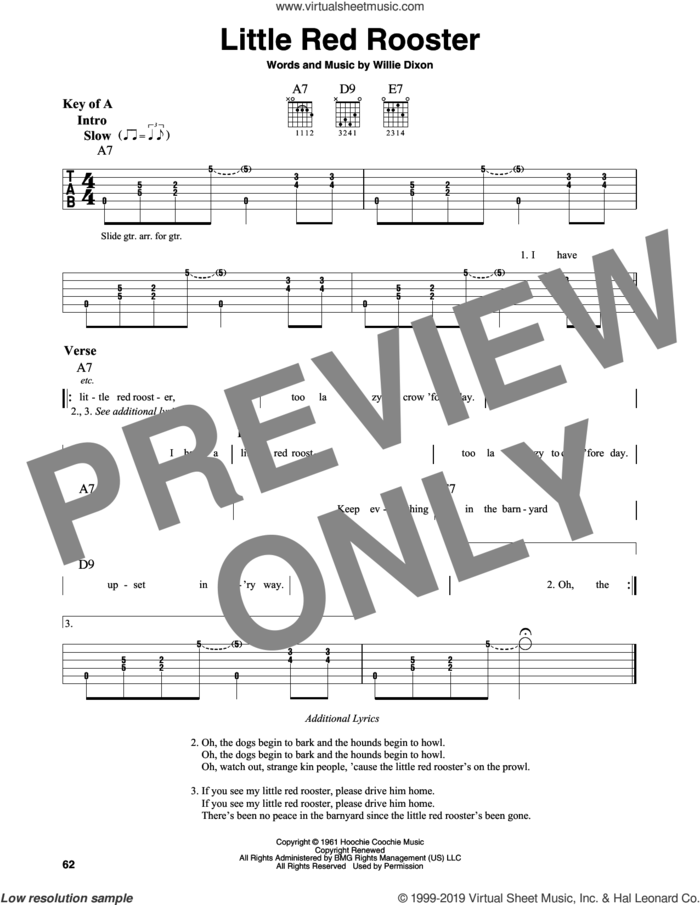 Little Red Rooster sheet music for guitar solo (lead sheet) by Howlin' Wolf, Sam Cooke, The Rolling Stones and Willie Dixon, intermediate guitar (lead sheet)