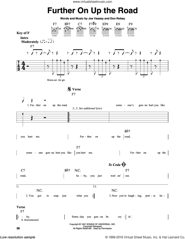 Further On Up The Road sheet music for guitar solo (lead sheet) by Eric Clapton, Don Robey and Joe Veasey, intermediate guitar (lead sheet)