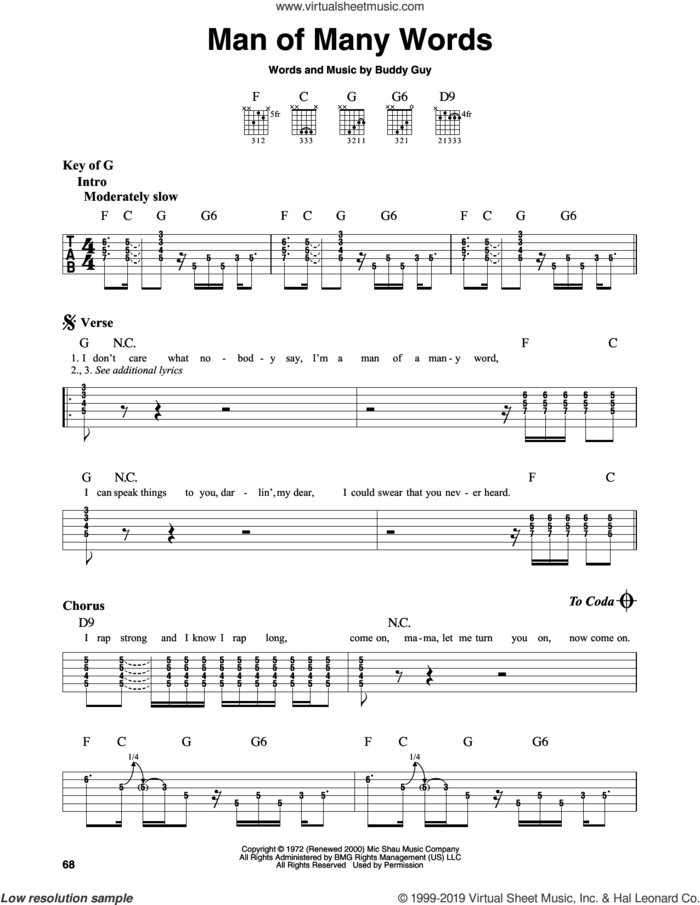 Man Of Many Words sheet music for guitar solo (lead sheet) by Buddy Guy, intermediate guitar (lead sheet)