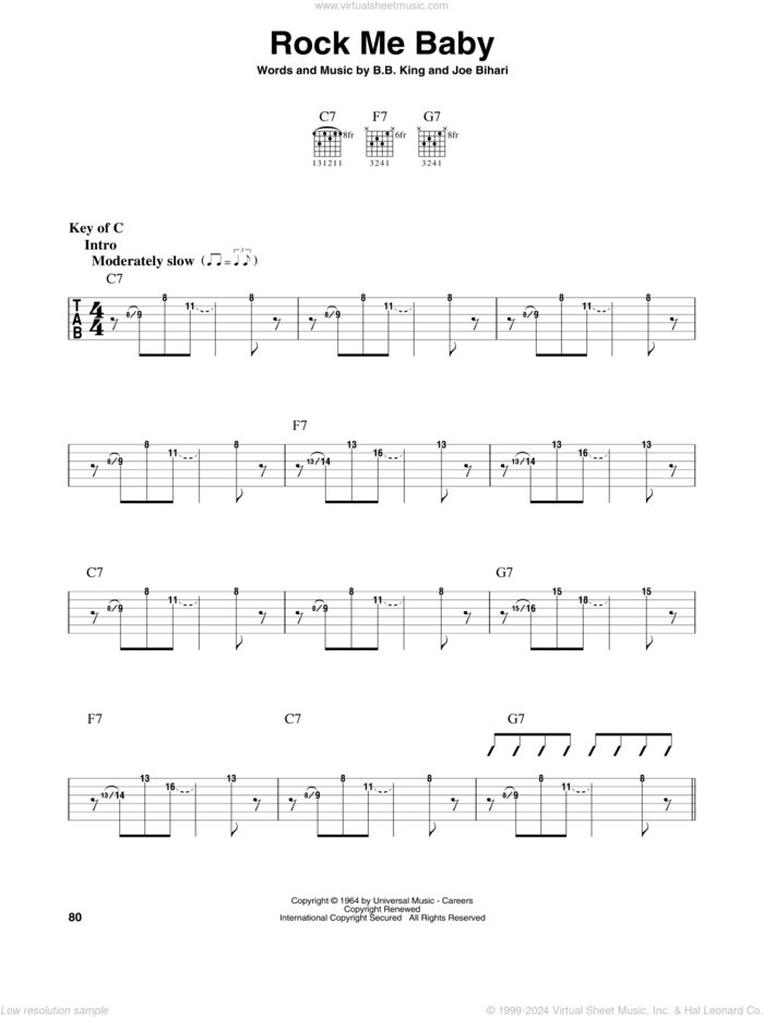 Rock Me Baby sheet music for guitar solo (lead sheet) by B.B. King and Joe Bihari, intermediate guitar (lead sheet)