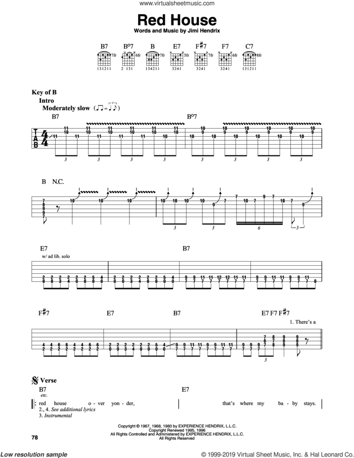Red House sheet music for guitar solo (lead sheet) by Jimi Hendrix, intermediate guitar (lead sheet)
