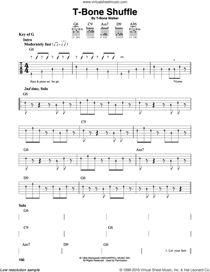 T-Bone Shuffle sheet music for guitar solo (lead sheet) by Aaron 'T-Bone' Walker, intermediate guitar (lead sheet)