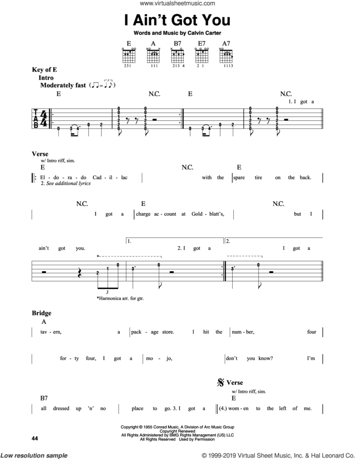 I Ain't Got You sheet music for guitar solo (lead sheet) by Eric Clapton and Calvin Carter, intermediate guitar (lead sheet)
