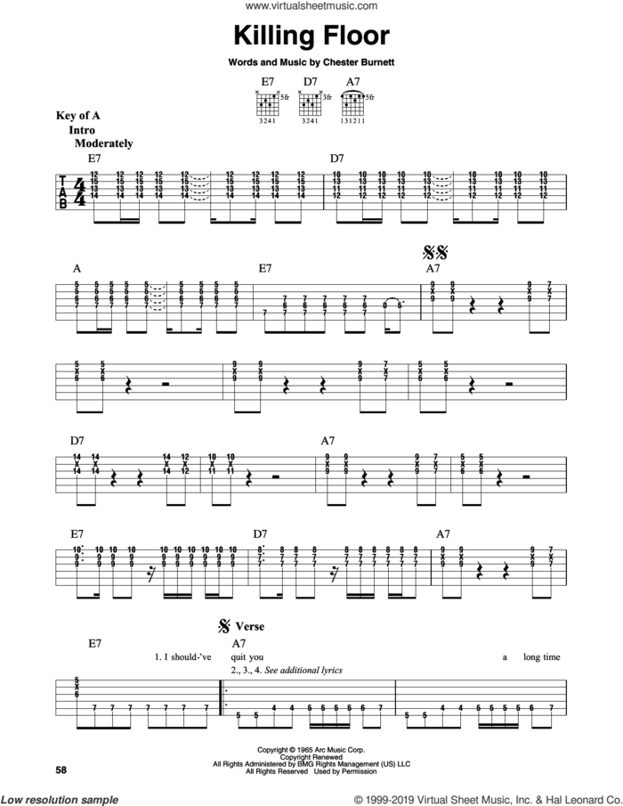 Killing Floor sheet music for guitar solo (lead sheet) by Howlin' Wolf, Albert King, Jimi Hendrix, Mike Bloomfield and Chester Burnett, intermediate guitar (lead sheet)