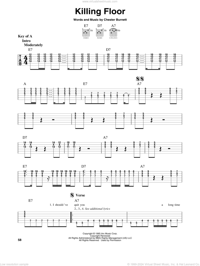 Killing Floor sheet music for guitar solo (lead sheet) by Howlin' Wolf, Albert King, Jimi Hendrix, Mike Bloomfield and Chester Burnett, intermediate guitar (lead sheet)