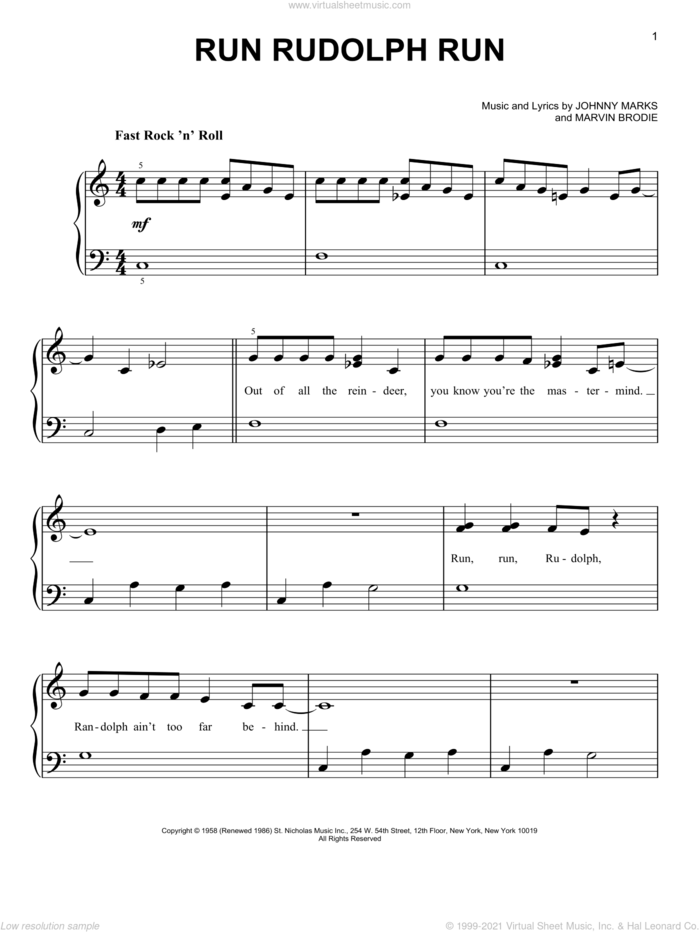 Run Rudolph Run sheet music for piano solo by Chuck Berry, Johnny Marks and Marvin Brodie, beginner skill level