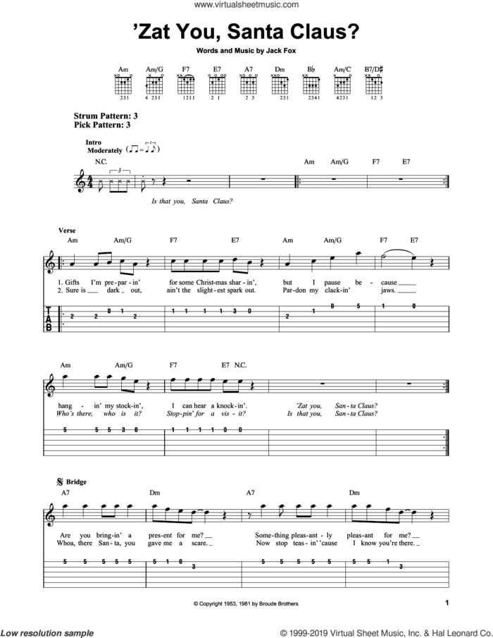 'Zat You, Santa Claus? sheet music for guitar solo (easy tablature) by Louis Armstrong and Jack Fox, easy guitar (easy tablature)