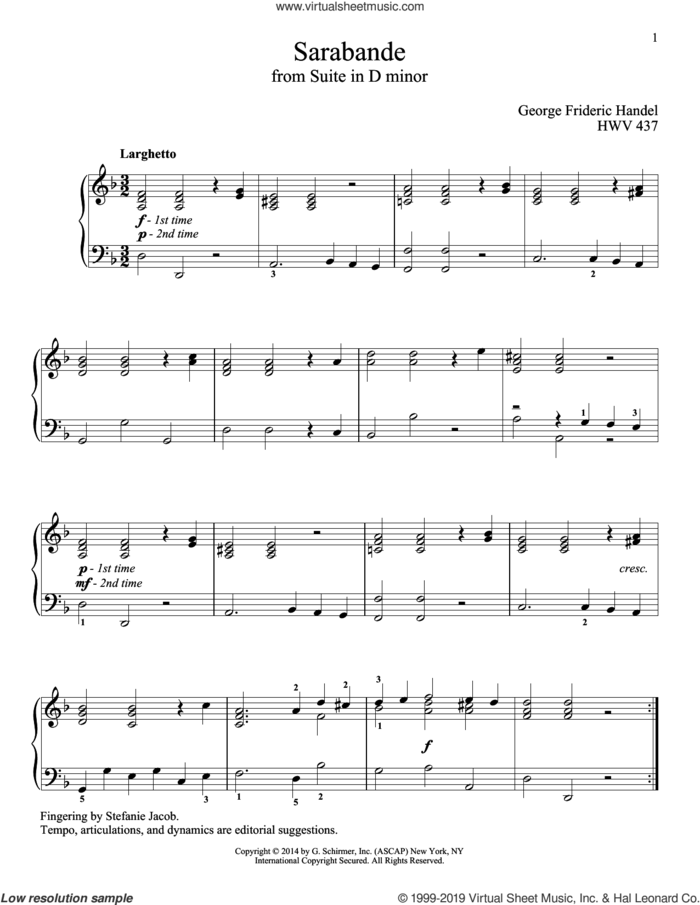 Sarabande, (intermediate) sheet music for piano solo by George Frideric Handel and Richard Walters, classical score, intermediate skill level