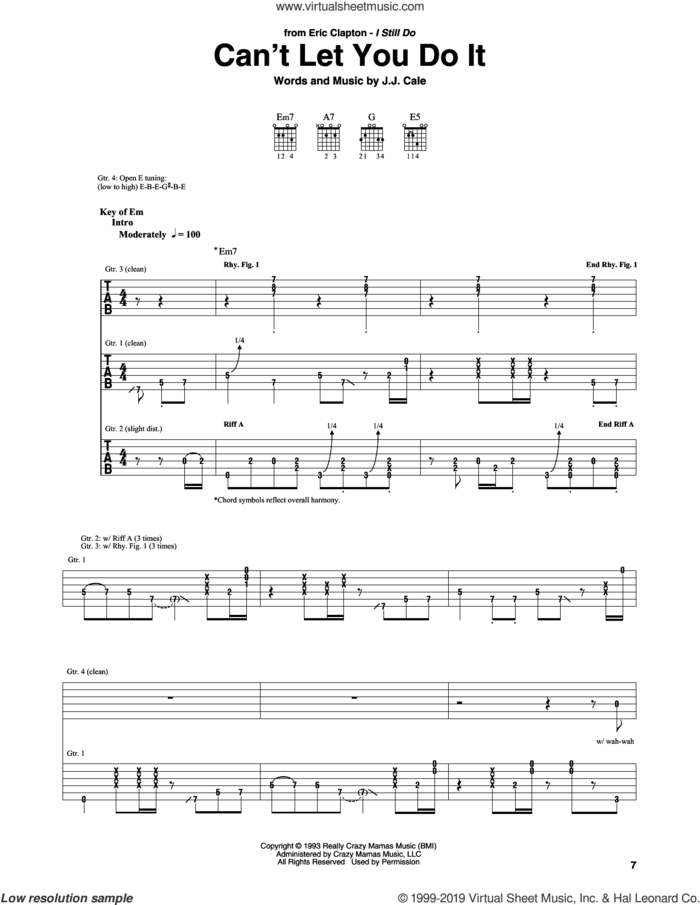 Can't Let You Do It sheet music for guitar (rhythm tablature) by Eric Clapton and John Cale, intermediate skill level