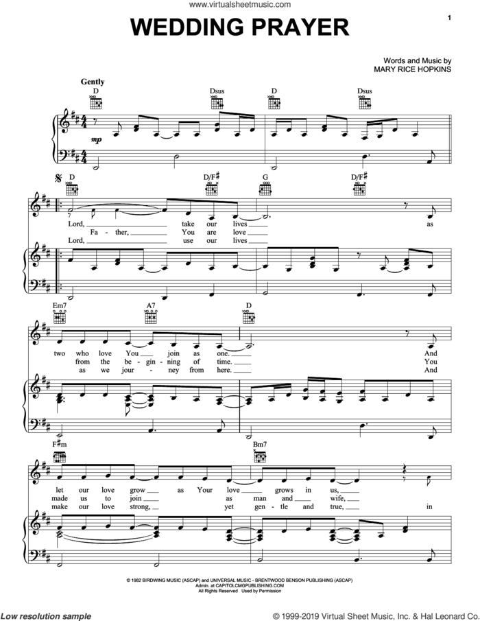 Wedding Prayer sheet music for voice, piano or guitar by Mary Rice Hopkins, wedding score, intermediate skill level