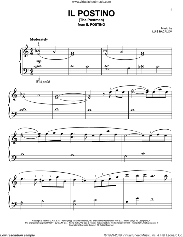 Il Postino (The Postman) sheet music for piano solo by Luis Bacalov, classical score, easy skill level