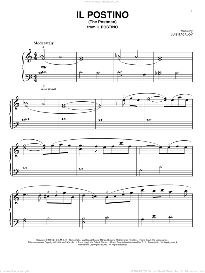 Il Postino (The Postman) sheet music for piano solo by Luis Bacalov, classical score, easy skill level