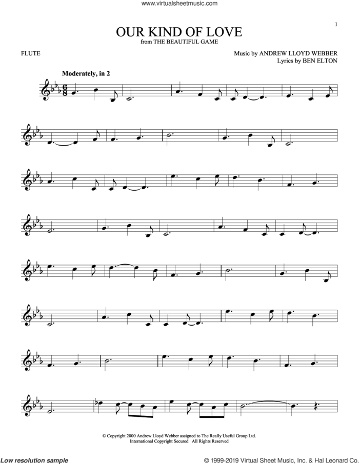 Our Kind Of Love (from The Beautiful Game) sheet music for flute solo by Andrew Lloyd Webber and Ben Elton, intermediate skill level