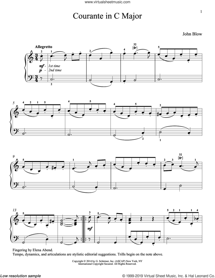 Courante sheet music for piano solo by John Blow and Richard Walters, classical score, intermediate skill level