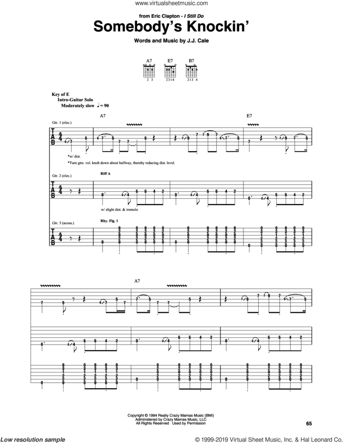 Somebody's Knockin' sheet music for guitar (rhythm tablature) by Eric Clapton and John Cale, intermediate skill level