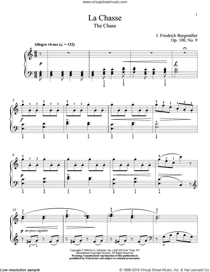 La Chasse sheet music for piano solo by Friedrich Johann Franz Burgmuller and Margaret Otwell, classical score, intermediate skill level