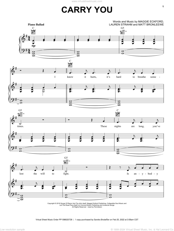 Carry You (feat. Fleurie) sheet music for voice, piano or guitar by Ruelle, Fleurie, Lauren Strahm, Maggie Eckford and Matt Bronleewe, intermediate skill level