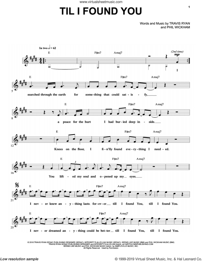 Til I Found You sheet music for voice and other instruments (fake book) by Phil Wickham and Travis Ryan, intermediate skill level