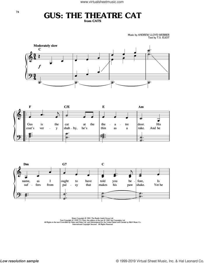 Gus: The Theatre Cat (from Cats), (easy) sheet music for piano solo by Andrew Lloyd Webber and T.S. Eliot, easy skill level