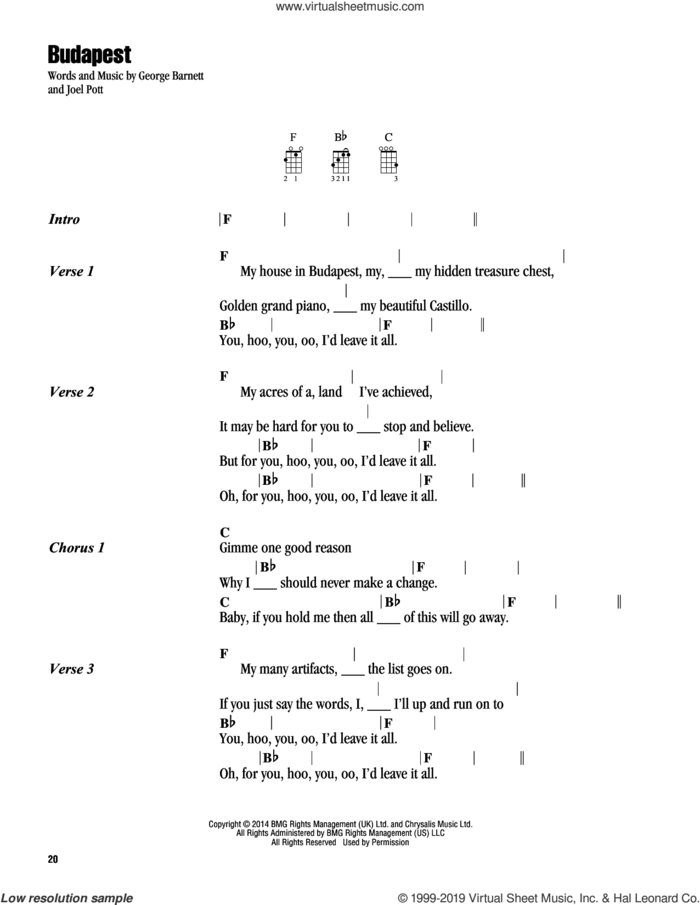 Budapest sheet music for ukulele (chords) by George Ezra, George Barnett and Joel Pott, intermediate skill level