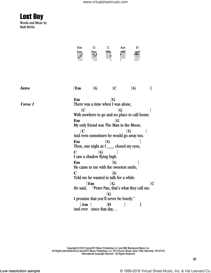 Lost Boy sheet music for ukulele (chords) by Ruth B and Ruth Berhe, intermediate skill level