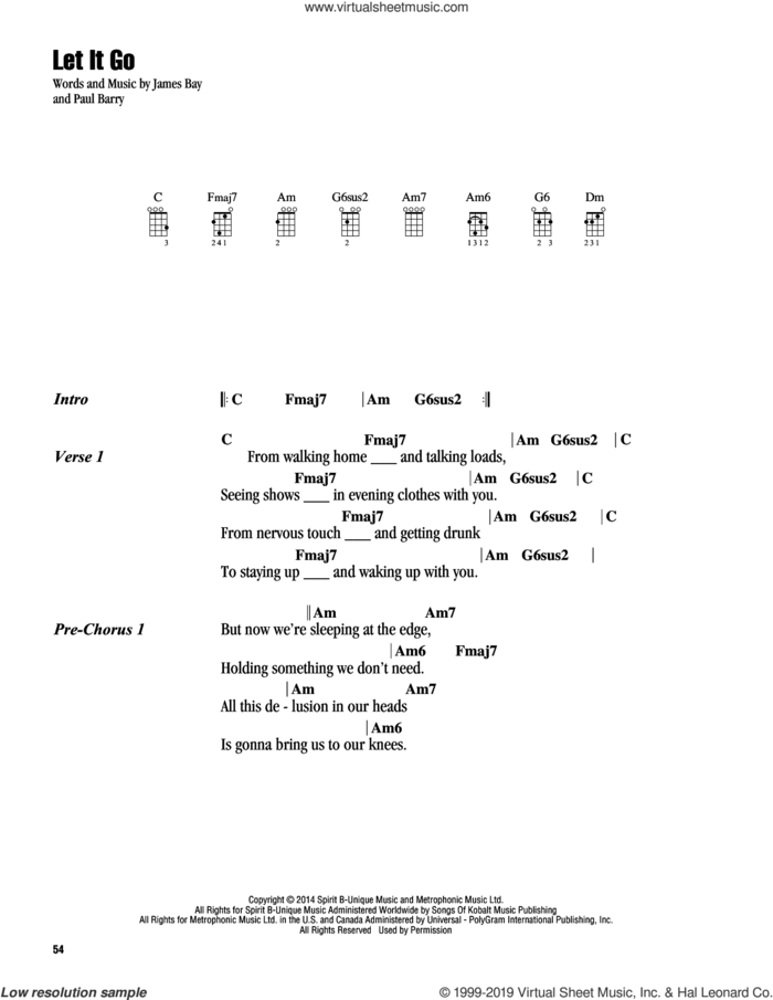 Let It Go sheet music for ukulele (chords) by James Bay and Paul Barry, intermediate skill level
